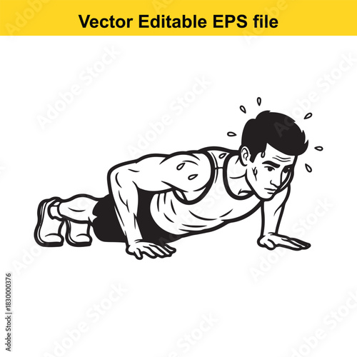 Man doing a push up exercise in a vintage black and white line art style, isolated on white background