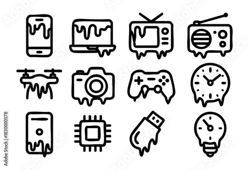Frozen Electronics doodle icons — various gadgets and devices covered in ice and icicles from extreme cold — stock vector.