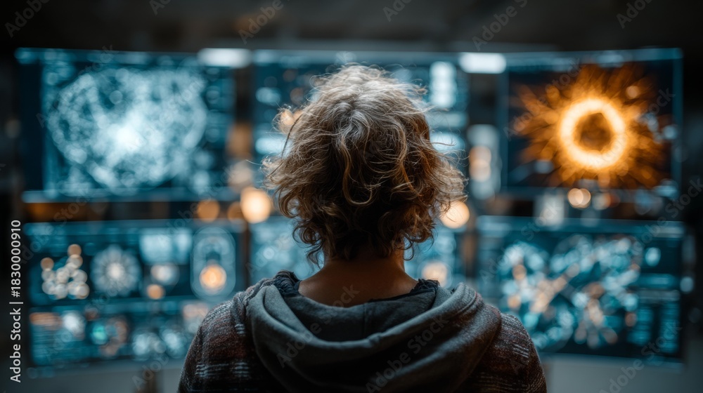 Obraz premium Intrigued hacker analyzes complex data streams on multiple glowing screens, immersing in digital world of information and mystery.