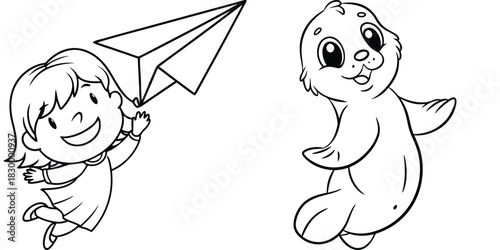 Happy Cartoon Girl Playing with Paperairplane and Cute Seal Lineart for Coloring