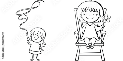 Happy Smiling Cartoon Girl and Child Illustration with Ribbon and Rocking Chair