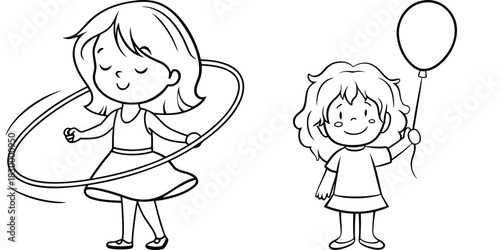 Happy Cartoon Girls Playing with Hula Hoop and Balloon Outline Drawing