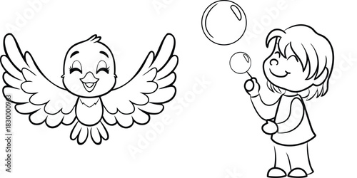 Happy Child Blowing Bubbles with a Cheerful Cartoon Bird