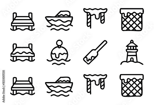 Frozen Riverside line icons — snow-covered dock, boat, and nautical elements on a winter riverbank — stock vector.
