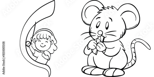 Cute Cartoon Drawing Featuring a Happy Child Girl and Playful Mouse