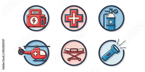  Flat Design Circular Icons Set for Medical Emergency, Rescue, and First Aid