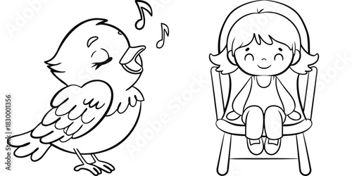 Cute Outline Drawing of a Happy Bird Singing and Girl for Coloring Book Activity