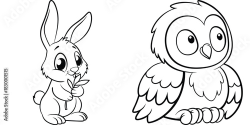 Cute Cartoon Animal Rabbit and Owl Outline for Coloring Book