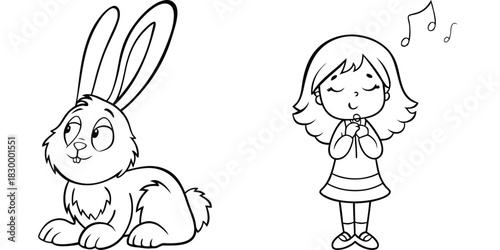 Coloring pages with rabbit and girl