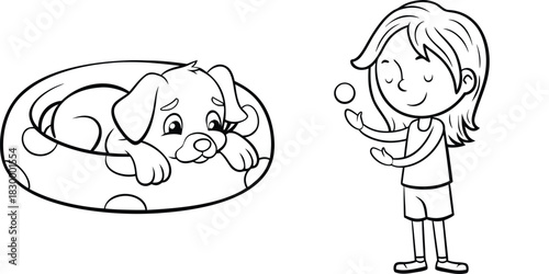 Cheerful Cartoon Girl Playing with a Puppy and Dog Bed Outline Drawing