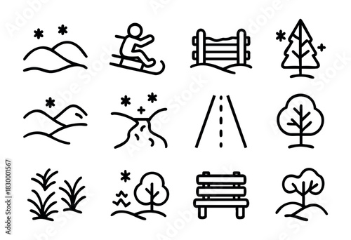 Winter Park & Landscape line icons — snowy hills, sledding, trees, and other outdoor nature elements — stock vector.