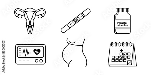 Monochromatic Line Art Icons Set of Women's Health, Pregnancy, and Maternity Care