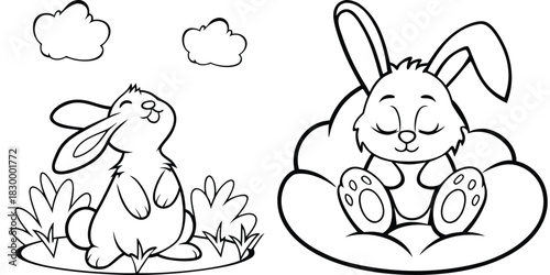 Cute Cartoon Bunny Rabbits: Adorable Animal Outline Drawing for Kids Coloring