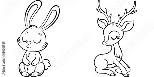 Sweet Cartoon Animal Illustrations: Cute Rabbit Bunny and Deer Fawn Line Art