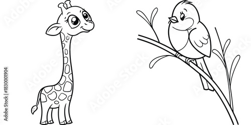 Cute Baby Giraffe and Bird Animal Cartoon Outline Drawing for Coloring Pages