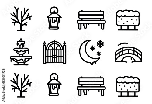 Winter Park at Night line icons — snowy scenery with trees, benches, and lampposts under the moon in ultra bold contour lines — stock vector.