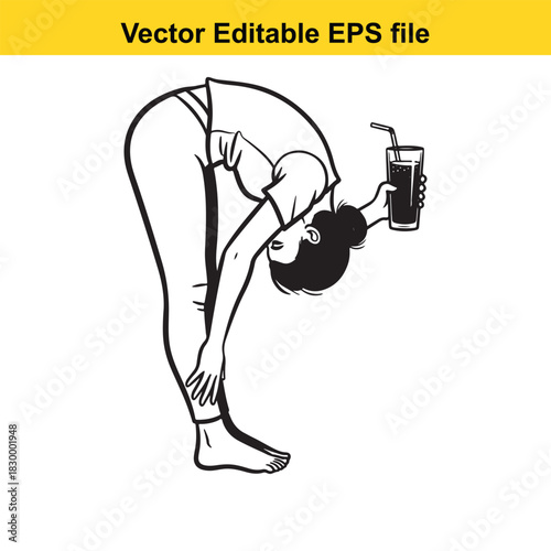 Black and white line art vector illustration of a woman doing a standing forward bend yoga pose while holding a glass with a straw, isolated on white background