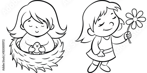 Sweet Little Girl and Child Cartoon Characters Featuring a Nest and a Blooming Flower