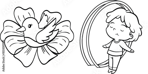 Whimsical Bird and Floating Child Lineart Drawing for Coloring Book Activities