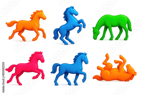 Set of six horses in different colors, with one of them laying down