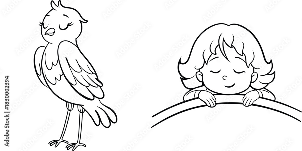 Fototapeta premium Adorable Child and Bird Cartoon Outline for Coloring Activity Page