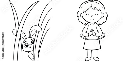 Delightful Line Art Rabbit and Serene Girl Illustration Perfect for Coloring Book Cartoon Outline