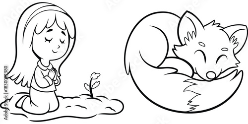 Cute Cartoon Girl and Sleeping Fox Lineart Drawing for Kids Coloring