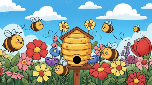 Whimsical illustration of a lively bee garden, showcasing busy honeybees fluttering around a charming beehive and an array of colorful blossoms