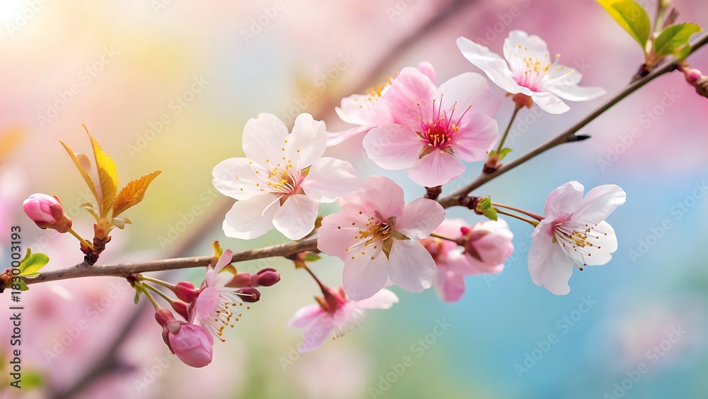 Obraz premium Beautiful pink cherry blossom branch blooming in bright spring sunlight