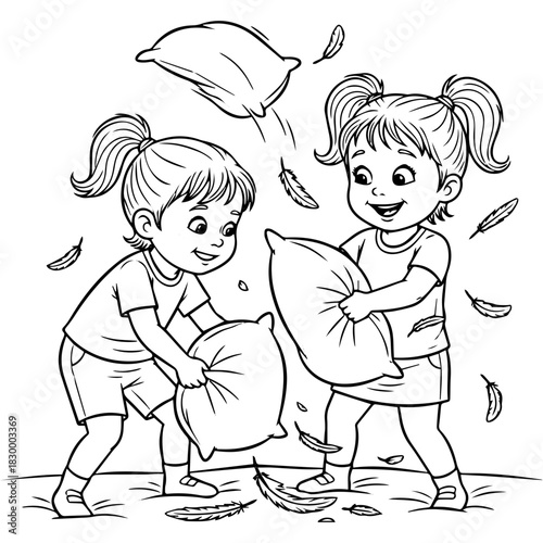 Kids Playing Pillow Fight coloring page