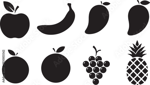 Collection of Black and White Fruit Icons: Apple, Banana, Mango, Orange, Grapes, Pineapple