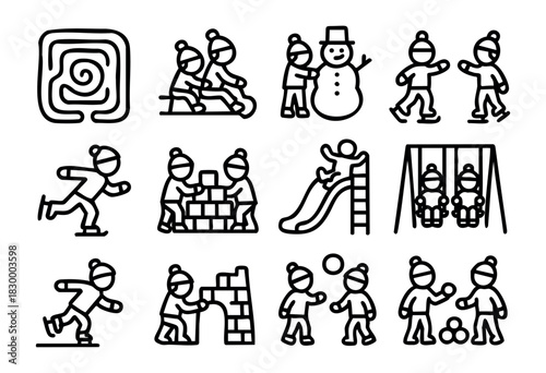 Winter Playground line icons — children playing in the snow, sledding, skating, and building snow forts — stock vector.