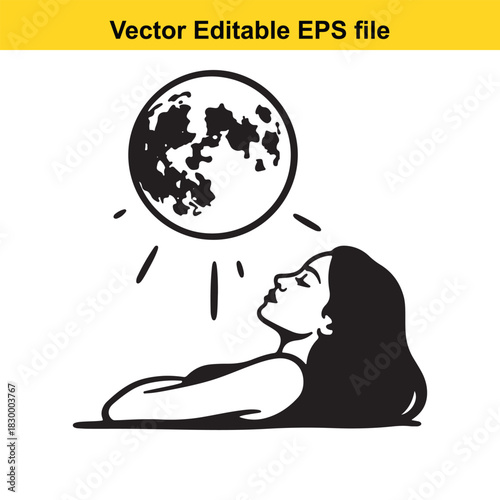 Black and white vector illustration of a woman lying down looking up at a bright full moon with radiating light lines, isolated on white background