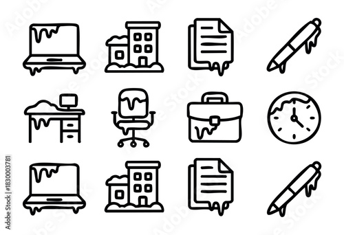 Melting Office line icons — conceptual symbols of burnout, deadline pressure, or climate change featuring melting business items — stock vector.