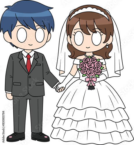 Cartoon bride and groom holding hands, wedding couple character, romantic celebration scene, flat vector illustration for love, marriage, events