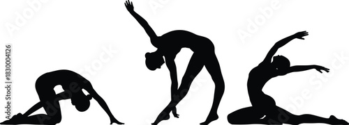 Silhouette yoga and stretching poses featuring graceful movement, flexibility, body balance, fitness exercise positions and mindful motion in minimalist flat vector illustration