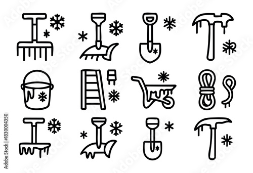 Frozen & Icy Tools line icons — various work and garden tools covered in snow and icicles from cold weather — stock vector.