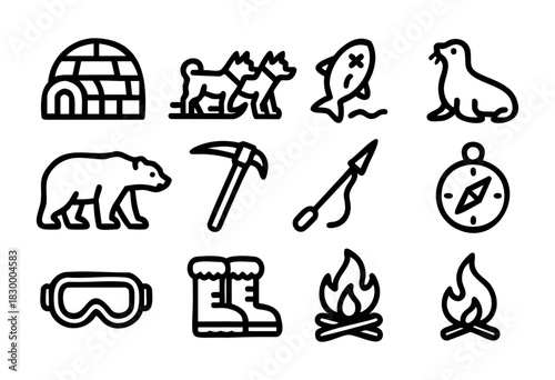 Arctic Survival line icons — essential gear, polar animals, and shelter for exploration in extreme cold — stock vector.