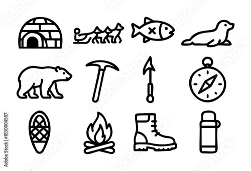Arctic Survival line icons — essential gear, polar animals, and shelter for exploration in extreme cold — stock vector.