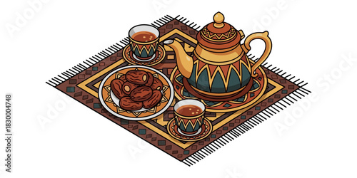 Traditional Iftar Set: Dates (Kurma), Oriental Teapot and Tea on a Prayer Mat