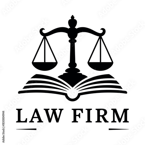 A balance scale sits atop an open book with the words 'LAW FIRM' below