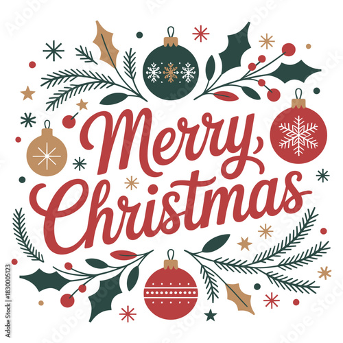 Merry Christmas decorative text with ornaments and holly