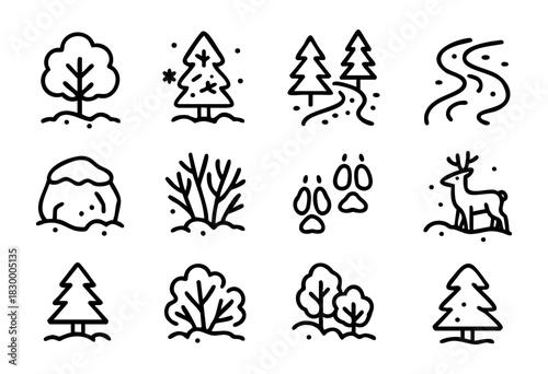 Winter Forest & Nature line icons — various trees, animal tracks, and landscape elements in a snowy woodland scene — stock vector.