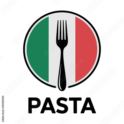 A fork is placed over the Italian flag within a circle, symbolizing Italian cuisine.