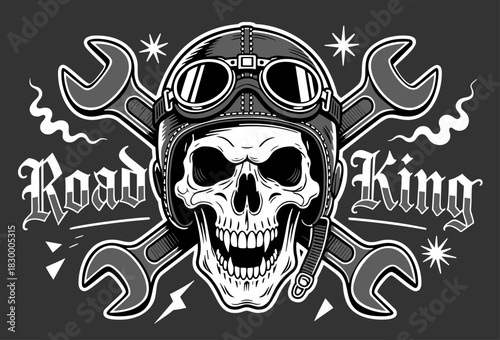 Road King skull in vintage aviator helmet and goggles with crossed wrenches, aggressive biker style monochrome vector illustration