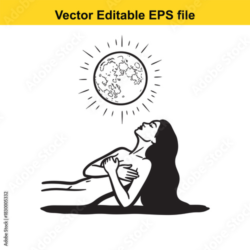 Black and white line art illustration of a beautiful woman reclining and looking up at the moon with radiating light, isolated on white background