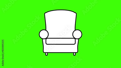 Animation of sofa and armchair morphing into each other on green screen. Minimal black-and-white stroke style.