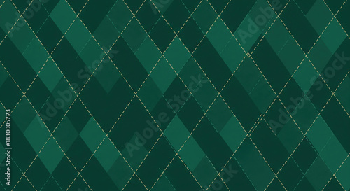 Dark and light green tones, plaid (Argyle) diamond pattern, dotted stitching, Christmas-themed seamless background.