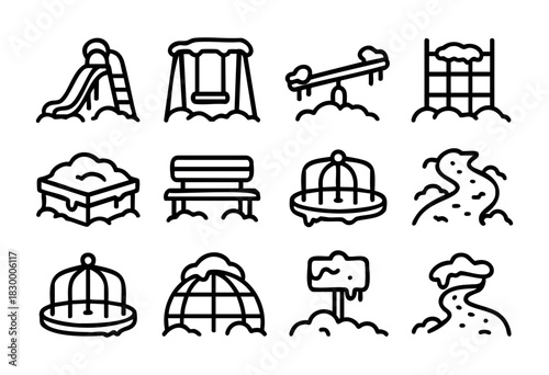 Snowy Playground line icons — various park equipment like slides, swings, and seesaws covered in snow — stock vector.