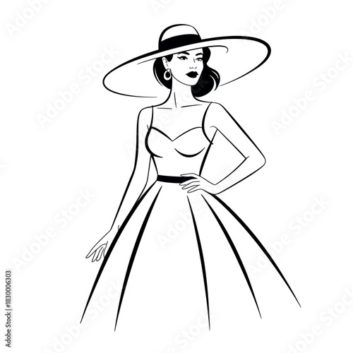A stylish woman in a wide-brimmed hat and elegant dress poses confidently.